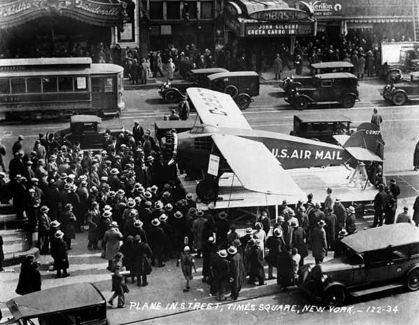 Air Mail Plane on Display in Times Square in New York City, 1934.