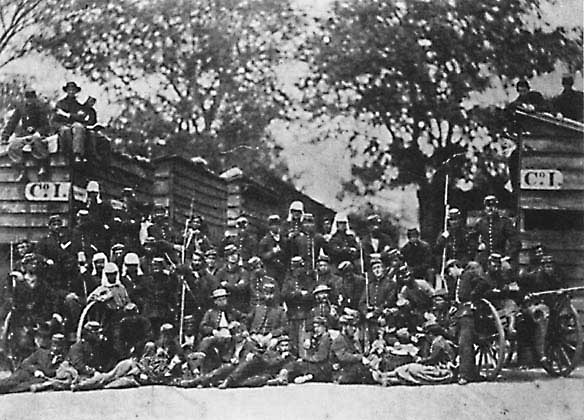 A Group of Civil War Infantry Soldiers with Rifles, Muskets and Artillery.