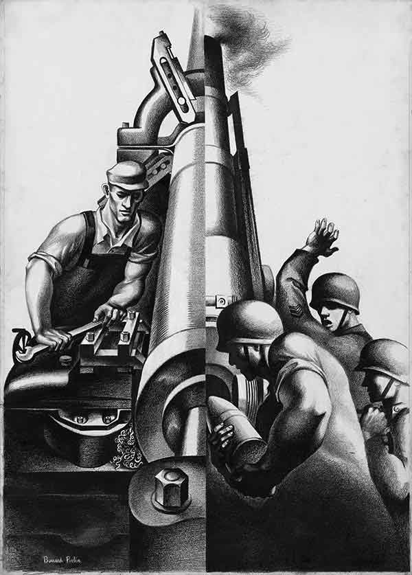 Two different images put together. One image shows a machinist turning a cannon on a lathe and the other shows artillery men putting a shell into the same gun somewhat later.