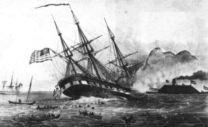 The USS Cumberland (L) was sunk by the CSS Virginia (R) on 08 March 1862 near Hampton Roads, VA.