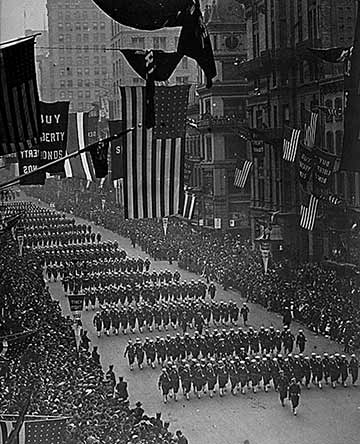 Sailors marching down Fifth Avenue in the Fourth Liberty Loan Parade, New York City, 1918.