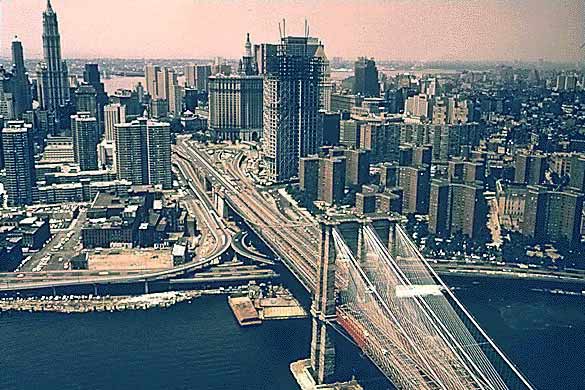 The Brooklyn Bridge into Manhattan.