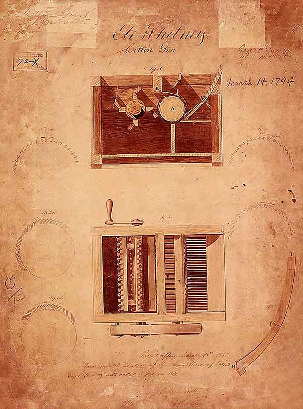 Eli Whitney's Cotton Gin Patent Drawing, 1794.