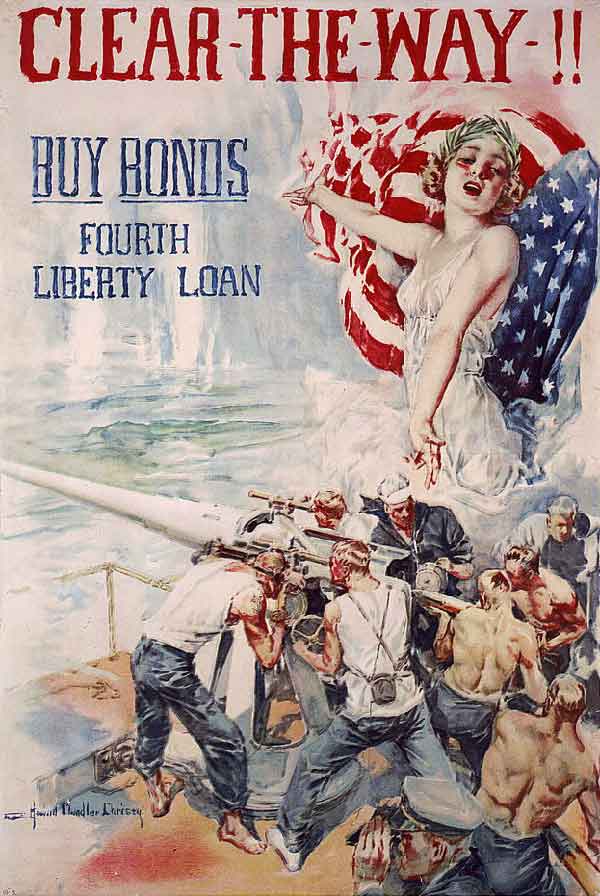 Clear the Way! Buy Bonds Fourth Liberty Loan. A Woman Wrapped in the American flag is floating over a Naval Gun Crew.